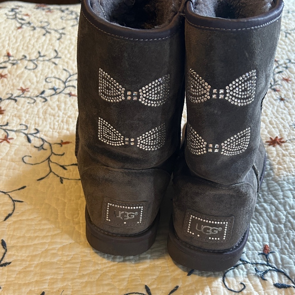 UGG gray Suede Boots with Sparkling Bow Accents